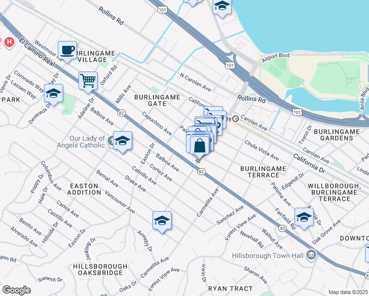 map of restaurants, bars, coffee shops, grocery stores, and more near 1229 Capuchino Avenue in Burlingame