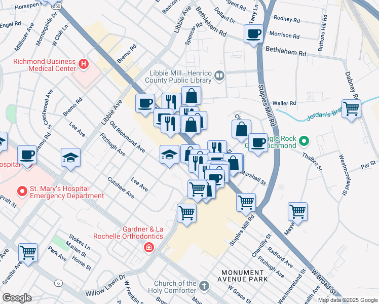 map of restaurants, bars, coffee shops, grocery stores, and more near 5227 West Broad Street in Richmond