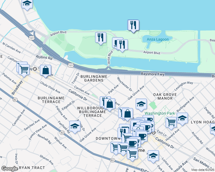 map of restaurants, bars, coffee shops, grocery stores, and more near 818 Laurel Avenue in Burlingame