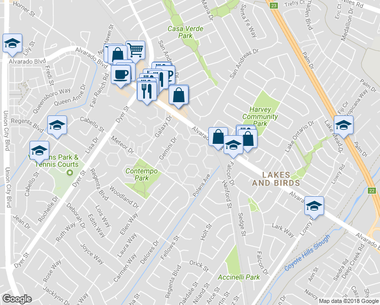 map of restaurants, bars, coffee shops, grocery stores, and more near 4127 Asimuth Circle in Union City