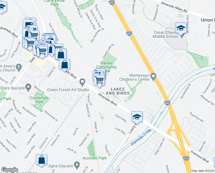map of restaurants, bars, coffee shops, grocery stores, and more near 3853 Jacana Lake Court in Fremont