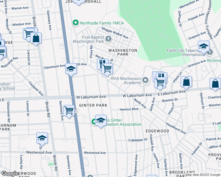 map of restaurants, bars, coffee shops, grocery stores, and more near 3805 Moss Side Avenue in Richmond