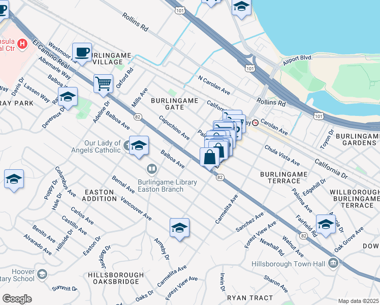 map of restaurants, bars, coffee shops, grocery stores, and more near 1246 California 82 in Burlingame