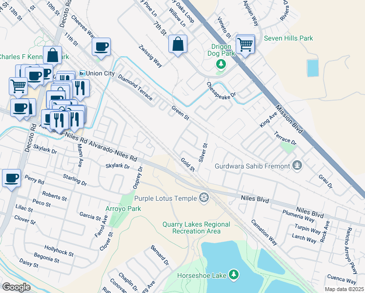 map of restaurants, bars, coffee shops, grocery stores, and more near 35955 Nickel Street in Union City