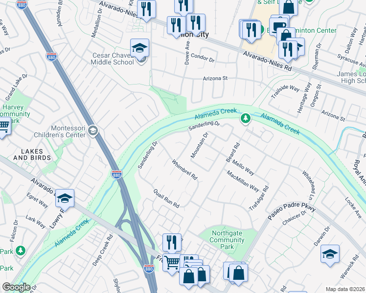 map of restaurants, bars, coffee shops, grocery stores, and more near 3203 Turnstone Lane in Fremont