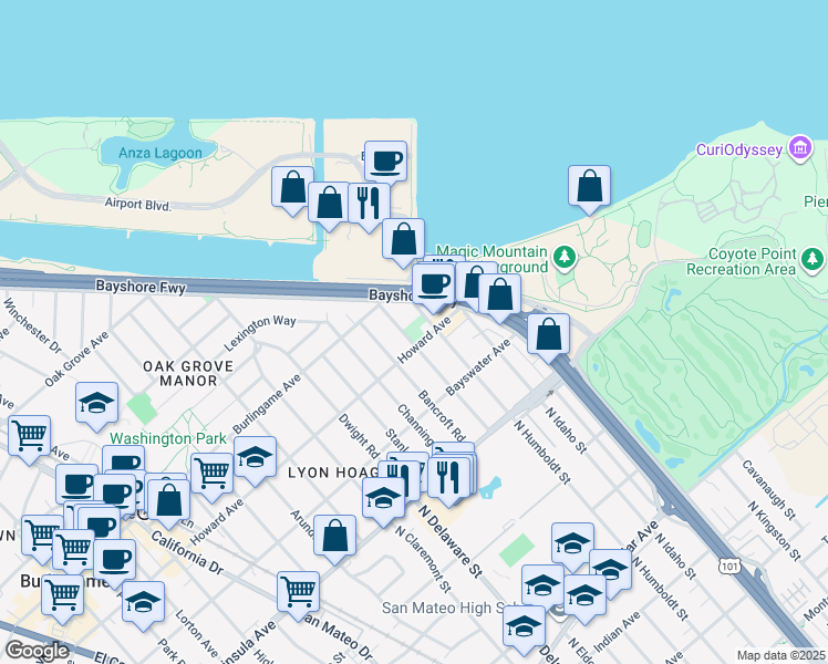 map of restaurants, bars, coffee shops, grocery stores, and more near 30 Howard Avenue in Burlingame