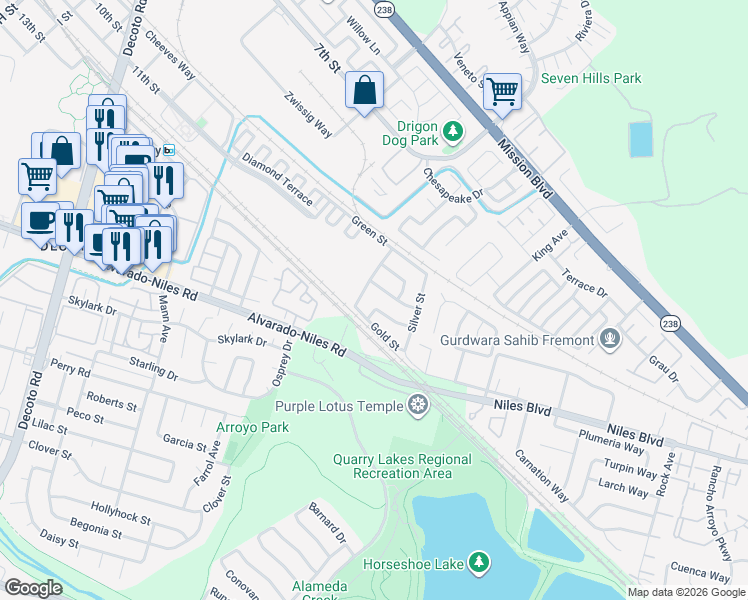 map of restaurants, bars, coffee shops, grocery stores, and more near 35955 Nickel Street in Union City
