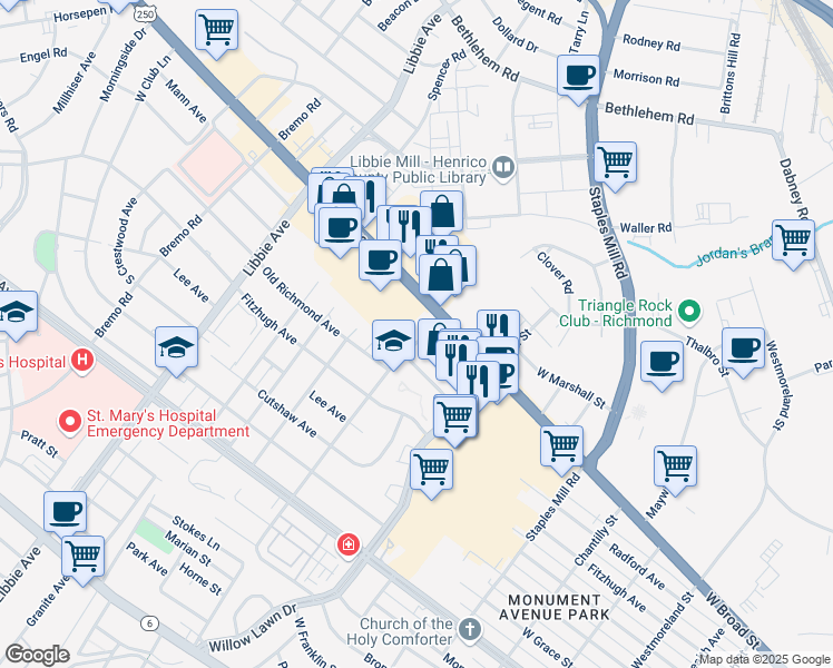 map of restaurants, bars, coffee shops, grocery stores, and more near 5322 Markel Road in Richmond