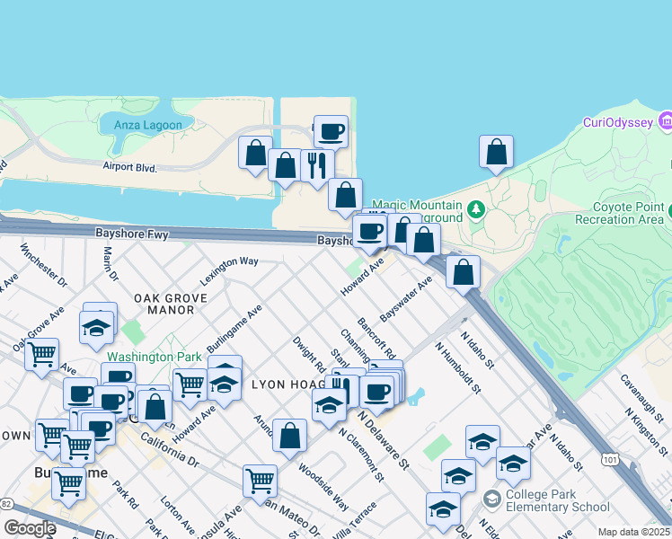 map of restaurants, bars, coffee shops, grocery stores, and more near 223 Victoria Rd in Burlingame