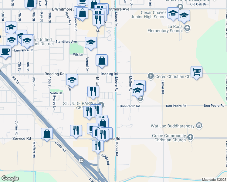 map of restaurants, bars, coffee shops, grocery stores, and more near 3500 Bonanza Way in Ceres