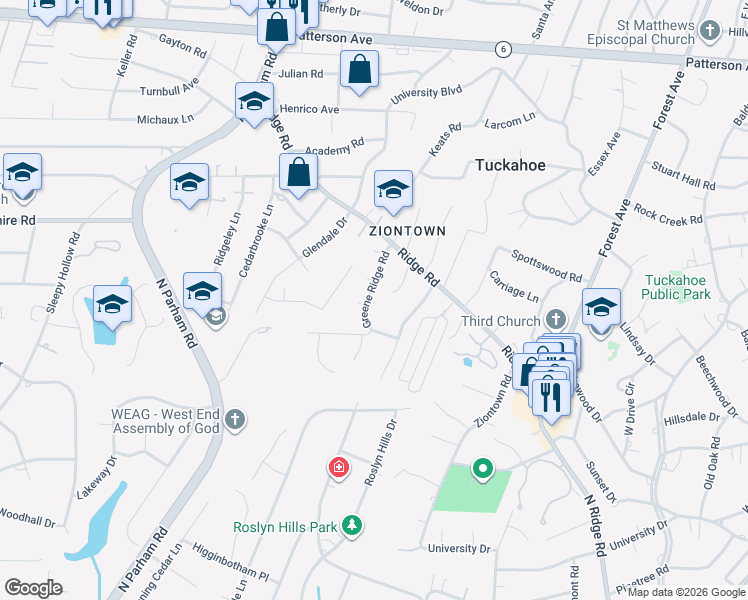 map of restaurants, bars, coffee shops, grocery stores, and more near 515 Greene Ridge Road in Richmond