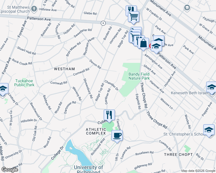 map of restaurants, bars, coffee shops, grocery stores, and more near 516 Gardiner Road in Richmond