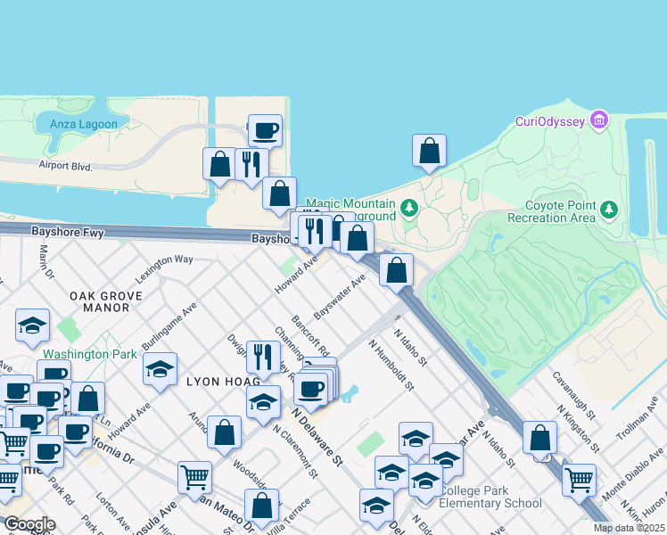 map of restaurants, bars, coffee shops, grocery stores, and more near 1031 North Idaho Street in San Mateo