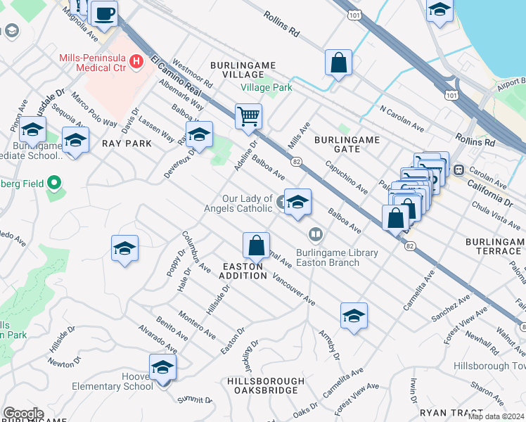 map of restaurants, bars, coffee shops, grocery stores, and more near 1417 Cabrillo Avenue in Burlingame