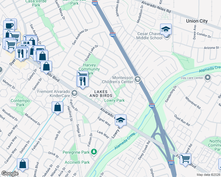 map of restaurants, bars, coffee shops, grocery stores, and more near 32980 Lake Wawasee Street in Fremont
