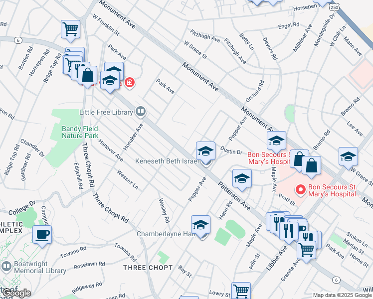 map of restaurants, bars, coffee shops, grocery stores, and more near 901 Bevridge Road in Richmond