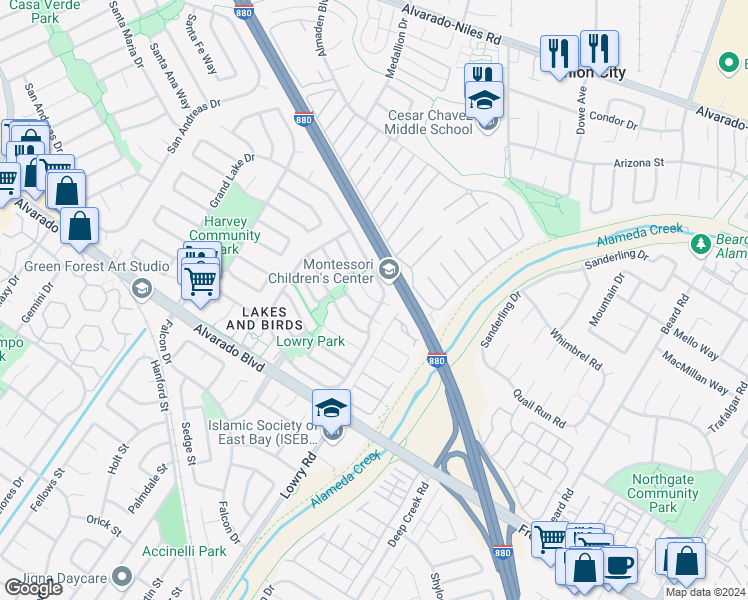 map of restaurants, bars, coffee shops, grocery stores, and more near 33178 Lake Superior Court in Fremont