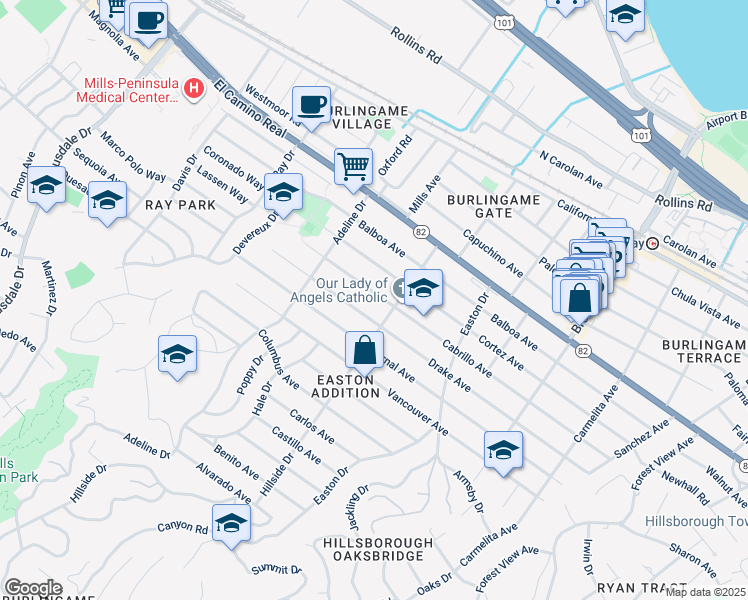 map of restaurants, bars, coffee shops, grocery stores, and more near 1417 Cabrillo Avenue in Burlingame