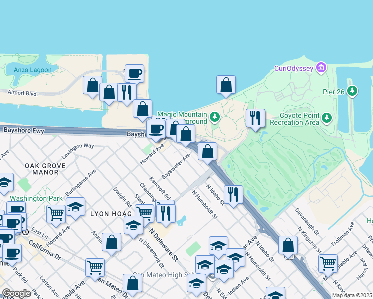 map of restaurants, bars, coffee shops, grocery stores, and more near 1007 North Amphlett Boulevard in San Mateo