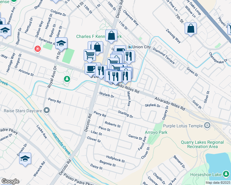 map of restaurants, bars, coffee shops, grocery stores, and more near 2141 Swan Court in Union City