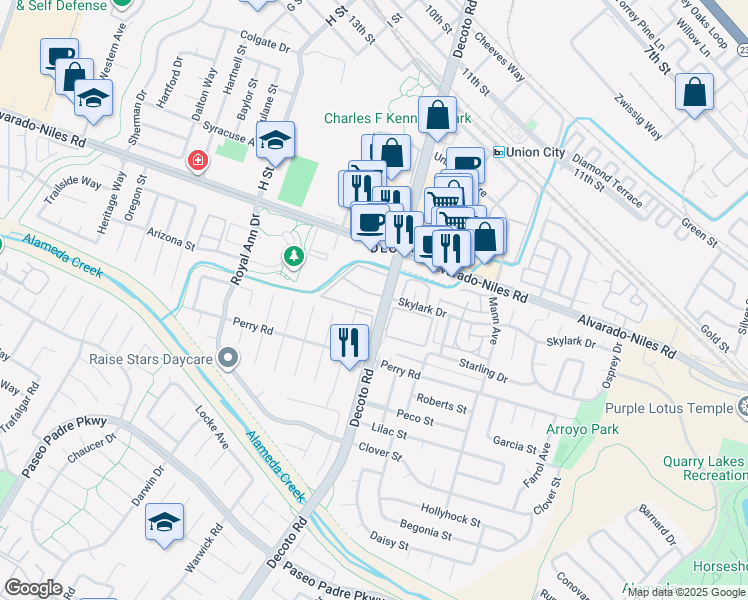 map of restaurants, bars, coffee shops, grocery stores, and more near 2261 Decoto Road in Union City