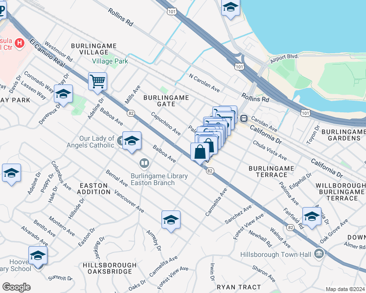 map of restaurants, bars, coffee shops, grocery stores, and more near 1246 California 82 in Burlingame