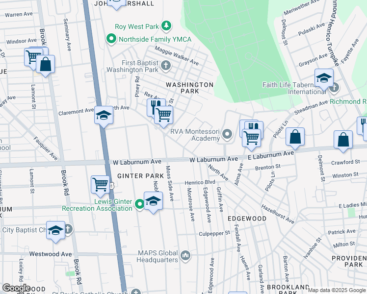 map of restaurants, bars, coffee shops, grocery stores, and more near in Richmond