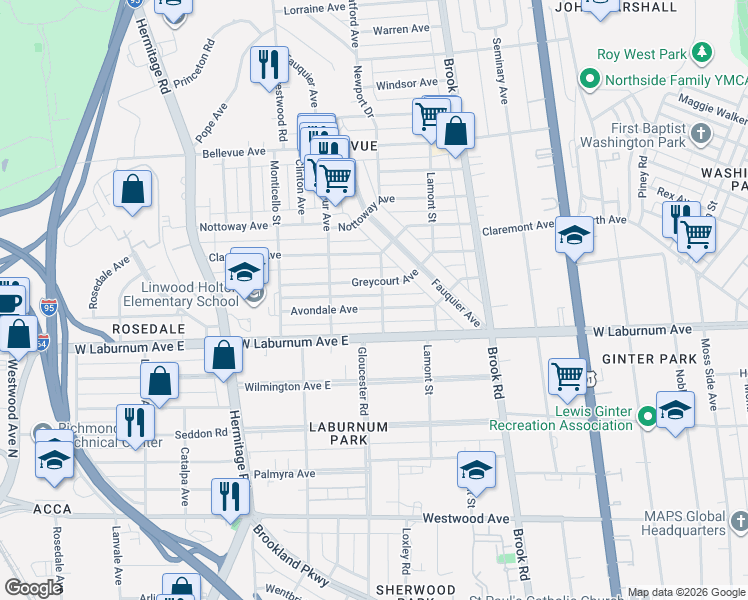 map of restaurants, bars, coffee shops, grocery stores, and more near 1324 Avondale Avenue in Richmond