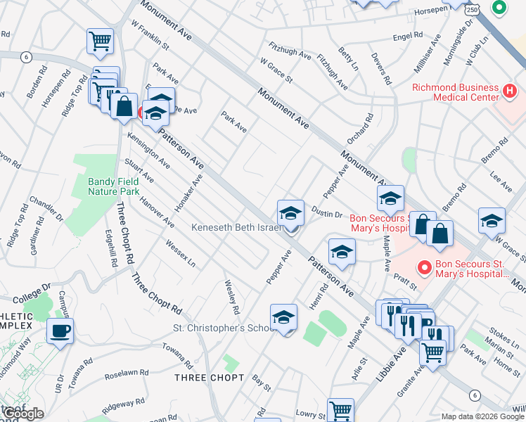 map of restaurants, bars, coffee shops, grocery stores, and more near 901 Bevridge Road in Richmond