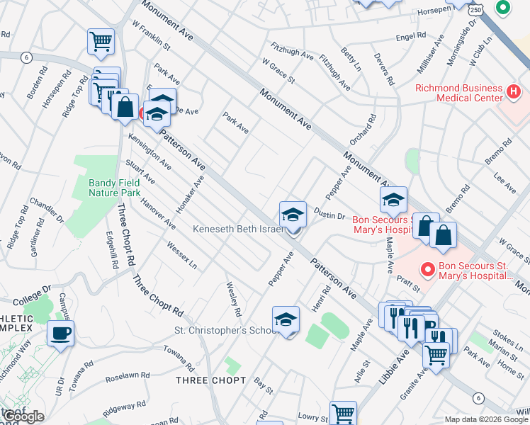 map of restaurants, bars, coffee shops, grocery stores, and more near 901 Bevridge Road in Richmond