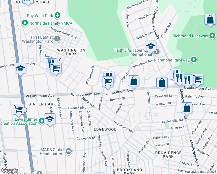 map of restaurants, bars, coffee shops, grocery stores, and more near 4 East Laburnum Avenue in Richmond