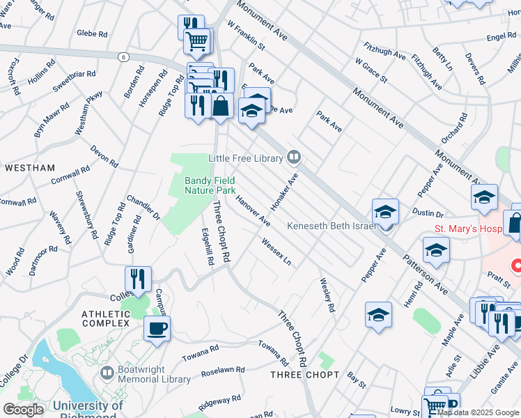 map of restaurants, bars, coffee shops, grocery stores, and more near 6704 Hanover Avenue in Richmond