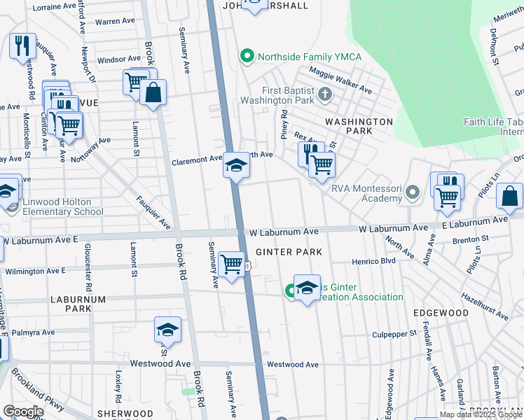 map of restaurants, bars, coffee shops, grocery stores, and more near 3806 Hawthorne Avenue in Richmond