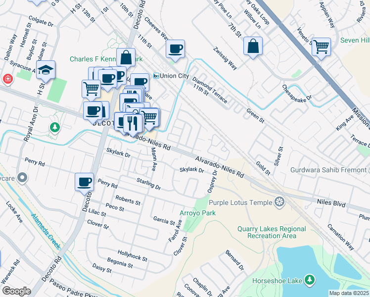 map of restaurants, bars, coffee shops, grocery stores, and more near 34893 Limestone Drive in Union City