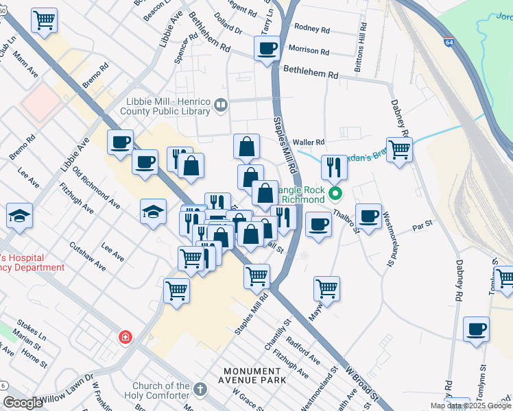 map of restaurants, bars, coffee shops, grocery stores, and more near 4901 West Leigh Street in Richmond
