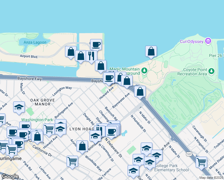 map of restaurants, bars, coffee shops, grocery stores, and more near 17 Howard Avenue in Burlingame