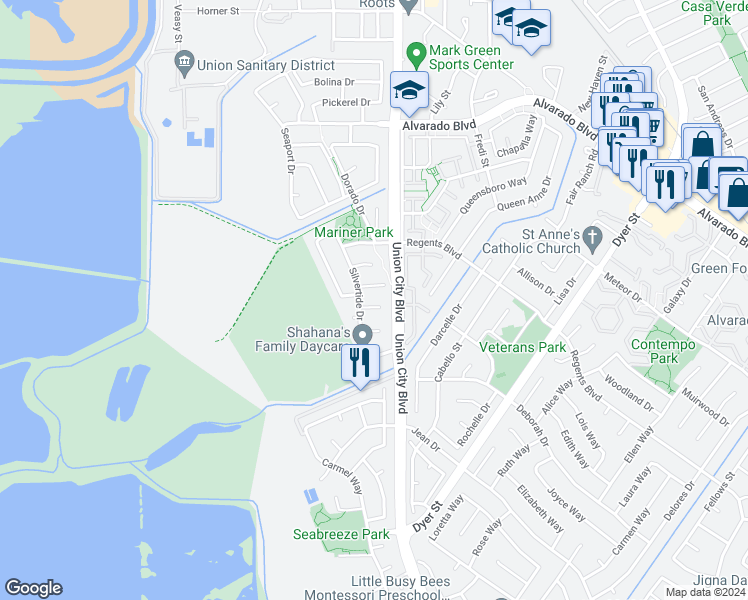 map of restaurants, bars, coffee shops, grocery stores, and more near 4711 Harbor Cove Court in Union City