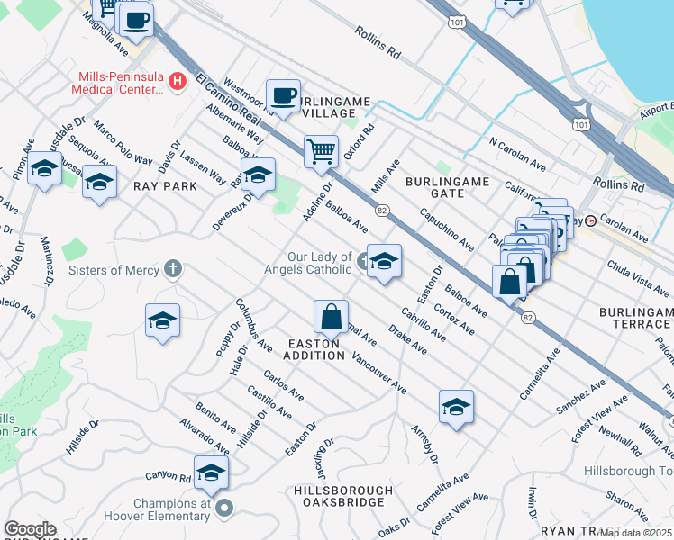 map of restaurants, bars, coffee shops, grocery stores, and more near 1405 Cabrillo Avenue in Burlingame