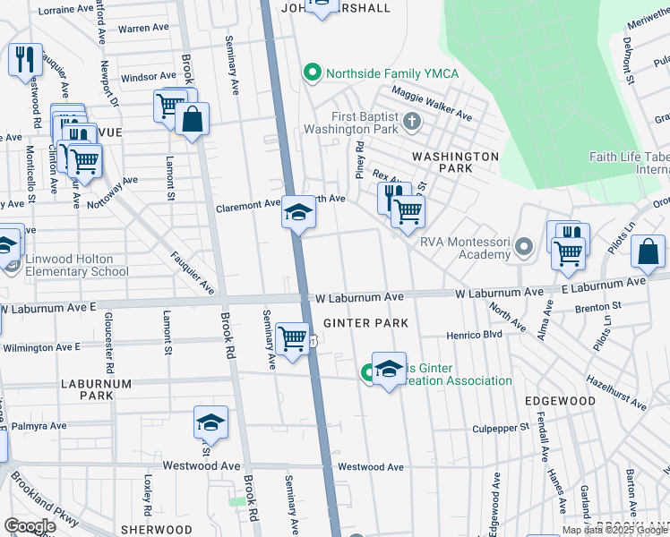 map of restaurants, bars, coffee shops, grocery stores, and more near 3806 Hawthorne Avenue in Richmond