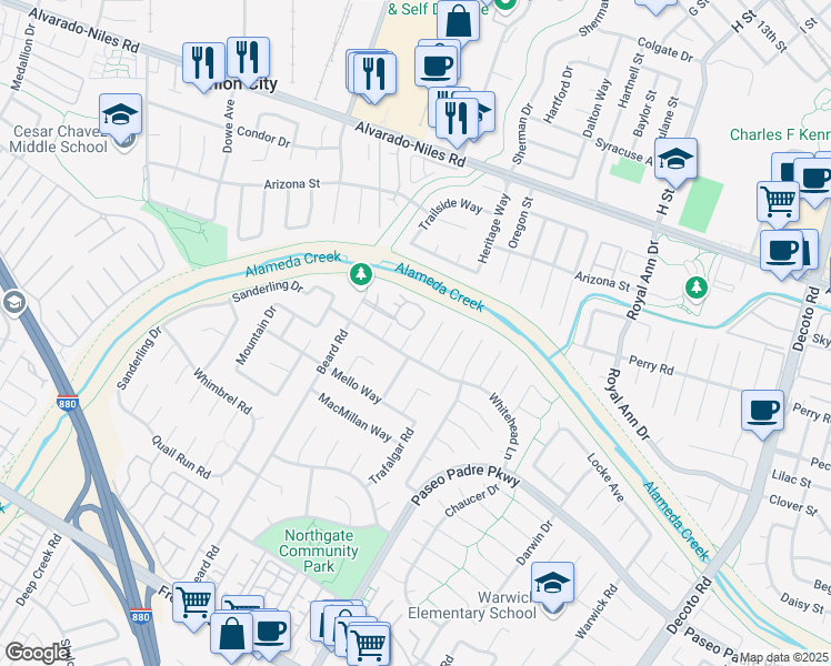 map of restaurants, bars, coffee shops, grocery stores, and more near 2868 Welk Common in Fremont