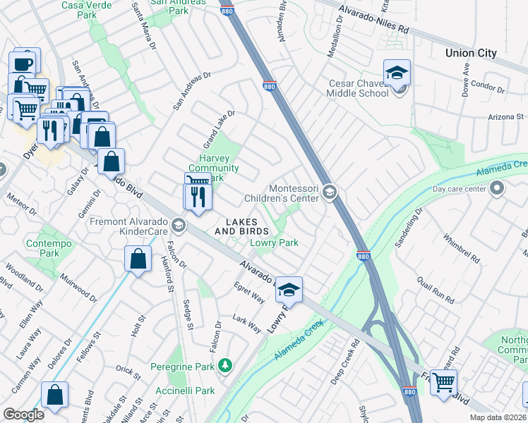 map of restaurants, bars, coffee shops, grocery stores, and more near 32980 Lake Wawasee Street in Fremont
