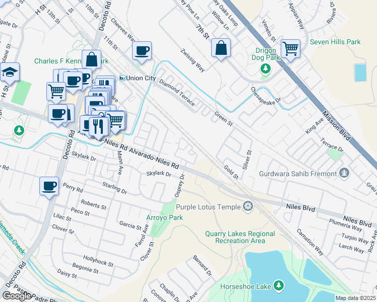 map of restaurants, bars, coffee shops, grocery stores, and more near 35530 Monterra Terrace in Union City