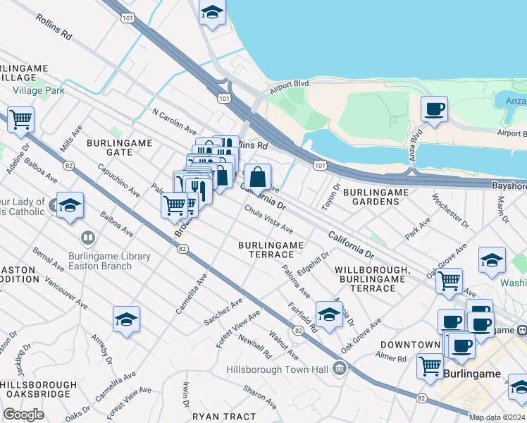 map of restaurants, bars, coffee shops, grocery stores, and more near 1015 Chula Vista Avenue in Burlingame