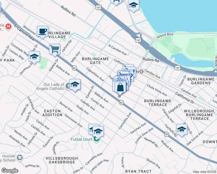 map of restaurants, bars, coffee shops, grocery stores, and more near 1229 Capuchino Avenue in Burlingame