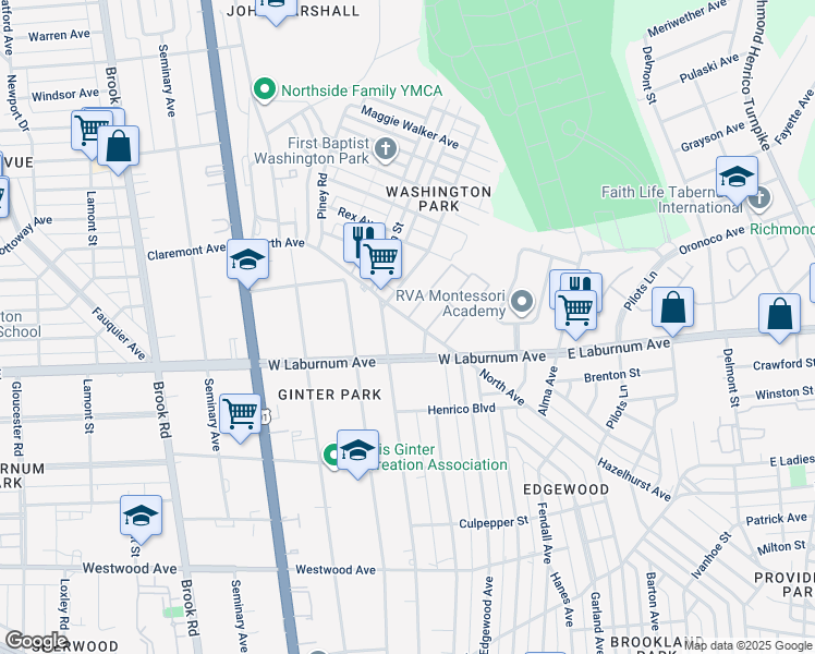map of restaurants, bars, coffee shops, grocery stores, and more near 3805 Moss Side Avenue in Richmond