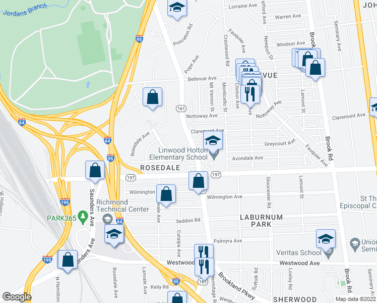 map of restaurants, bars, coffee shops, grocery stores, and more near 3802 Hermitage Road in Richmond