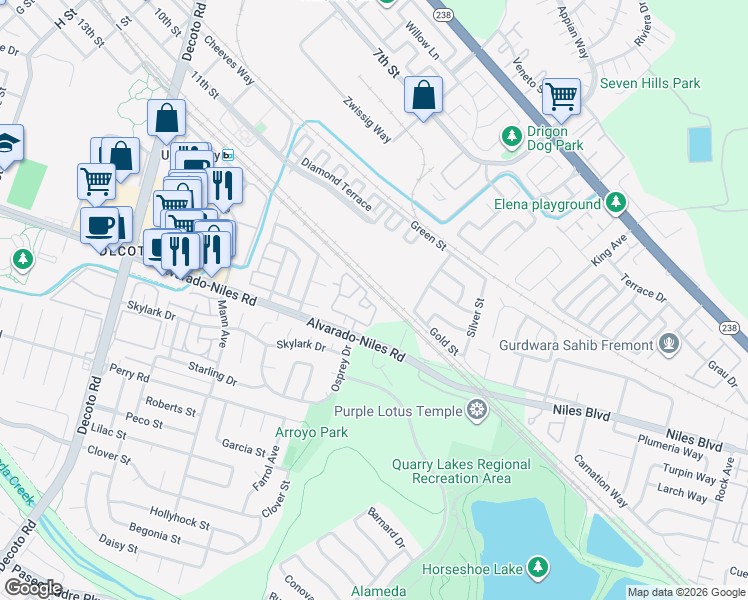 map of restaurants, bars, coffee shops, grocery stores, and more near 35580 Monterra Terrace in Union City