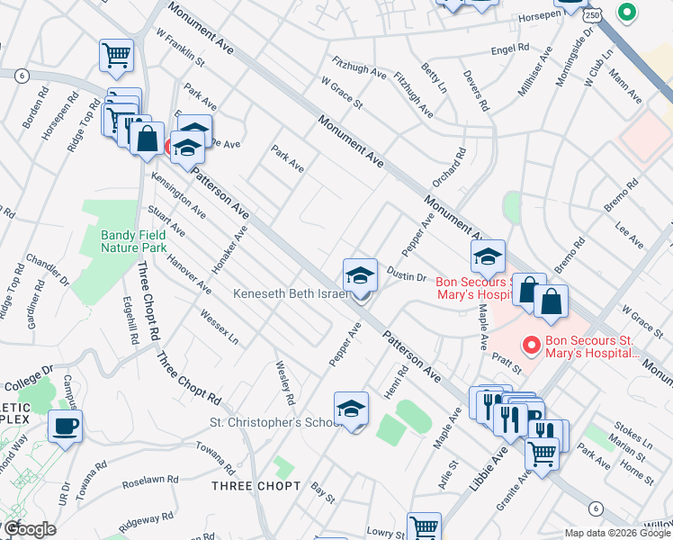 map of restaurants, bars, coffee shops, grocery stores, and more near 904 Pine Ridge Road in Richmond