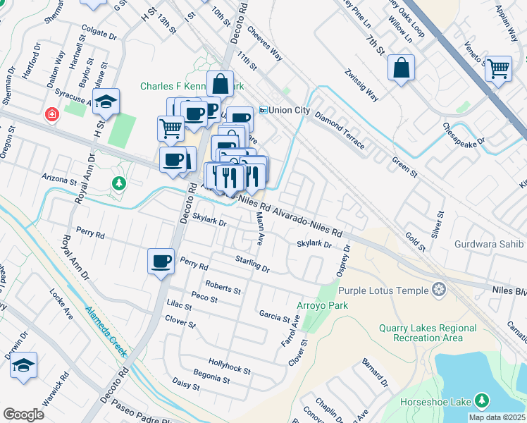 map of restaurants, bars, coffee shops, grocery stores, and more near 34749 Alvarado-Niles Road in Union City