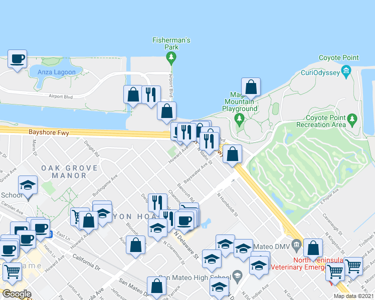 map of restaurants, bars, coffee shops, grocery stores, and more near 1012 Howard Avenue in San Mateo